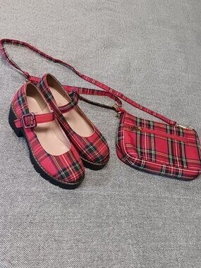 Plaid Mary Jane Shoes & Matching Crossbody Bag Set - Bundle